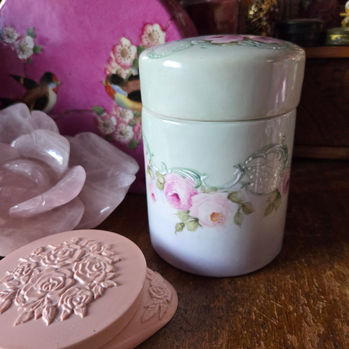 Whimsical Wonders | Vintage Pink Rose Porcelain Vanity Jar Makeup Brush Holder