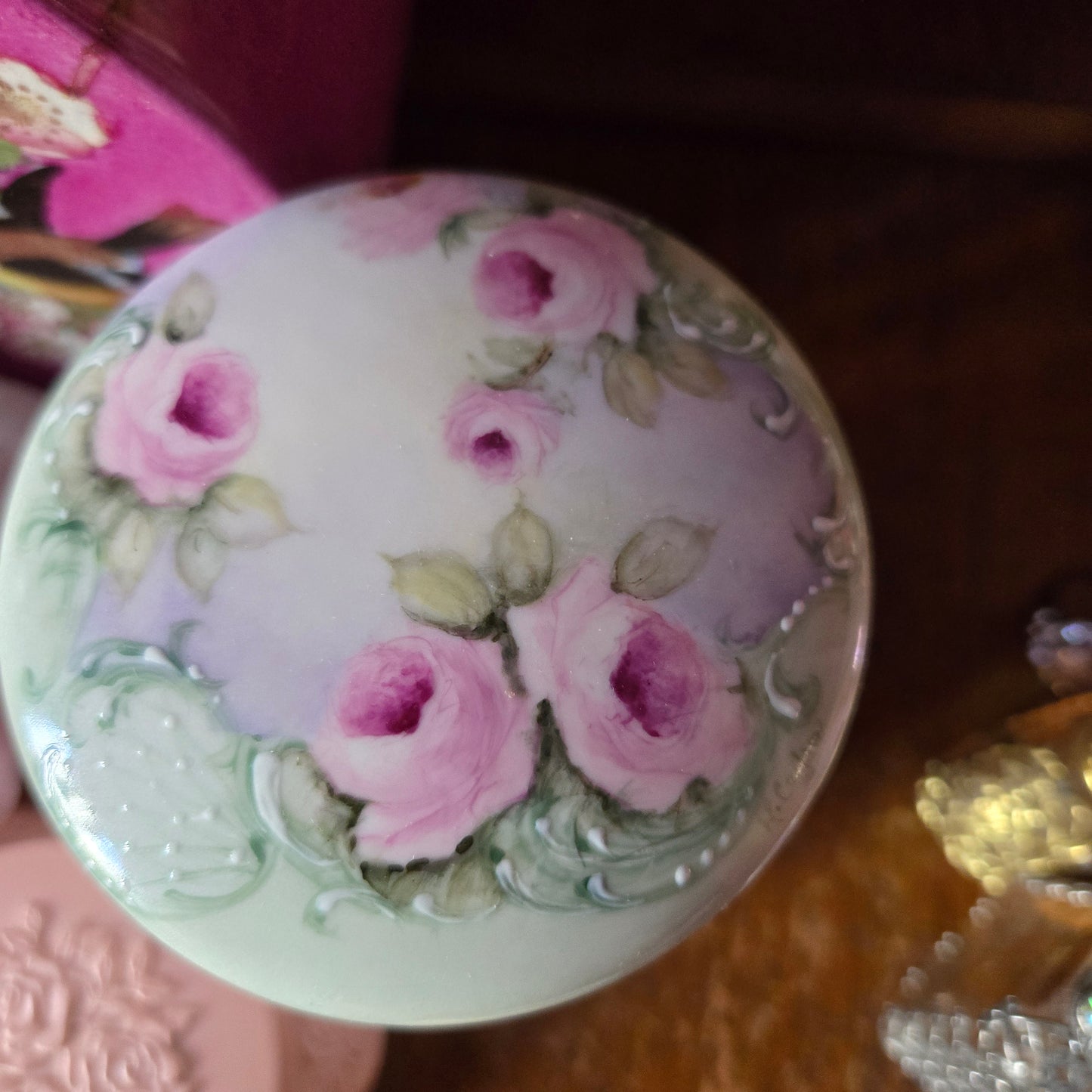 Whimsical Wonders | Vintage Pink Rose Porcelain Vanity Jar Makeup Brush Holder