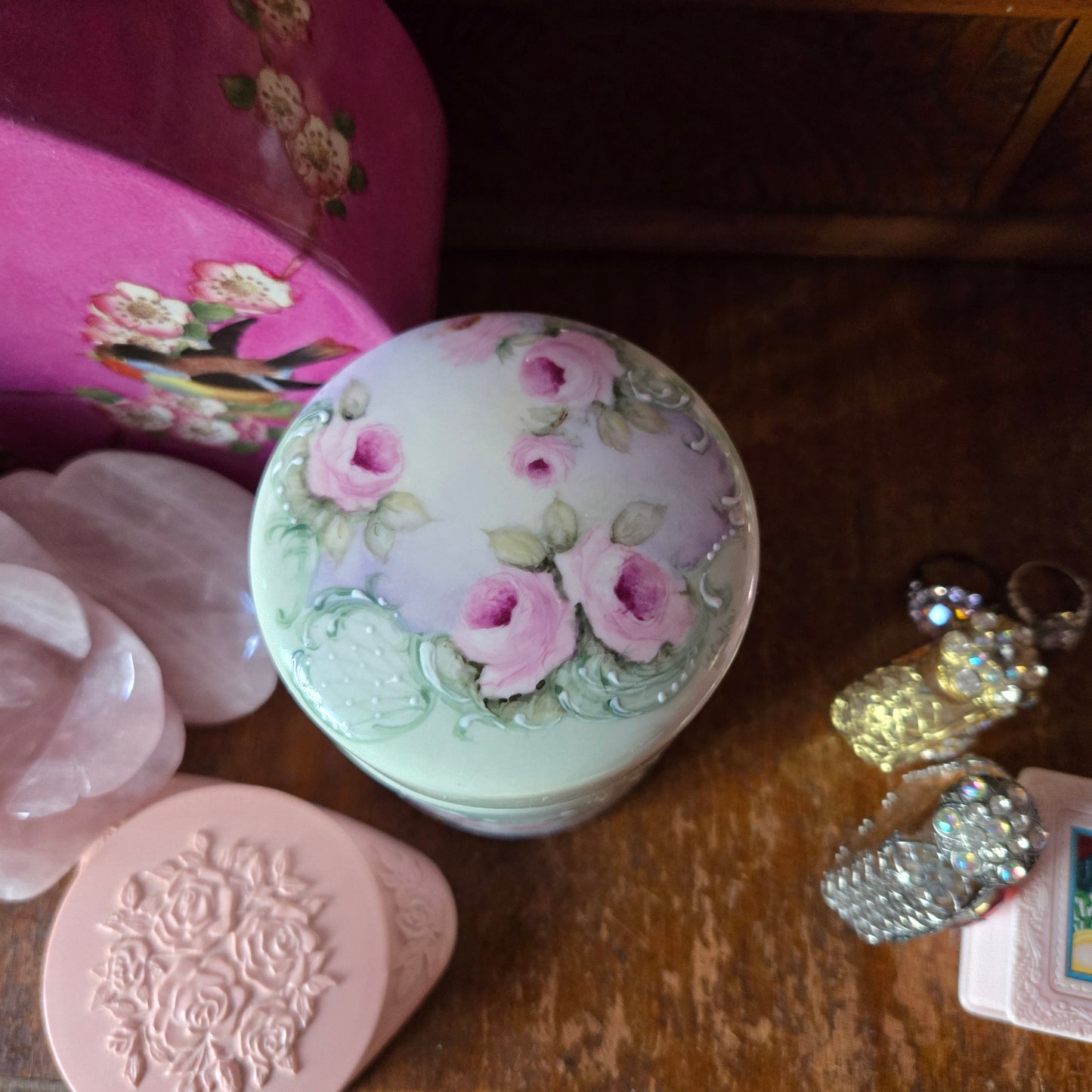 Whimsical Wonders | Vintage Pink Rose Porcelain Vanity Jar Makeup Brush Holder