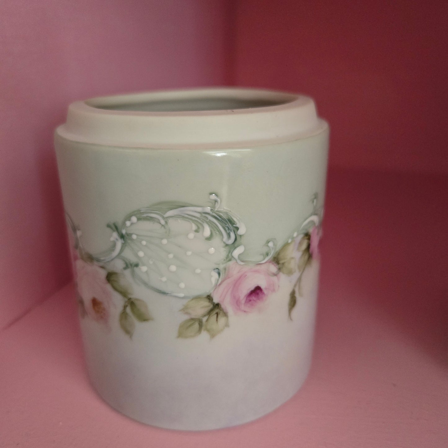 Whimsical Wonders | Vintage Pink Rose Porcelain Vanity Jar Makeup Brush Holder