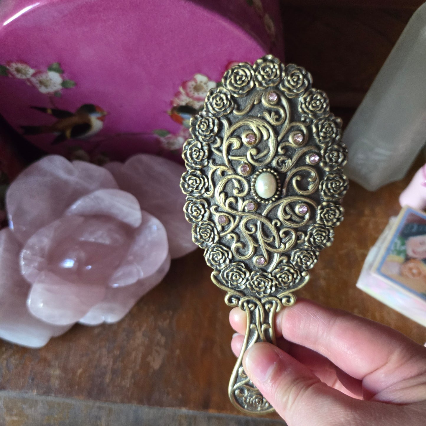 Whimsical Wonders | Vintage Art Nouveau-Style Brass Hand Mirror