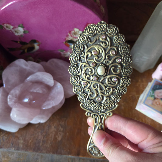 Whimsical Wonders | Vintage Art Nouveau-Style Brass Hand Mirror
