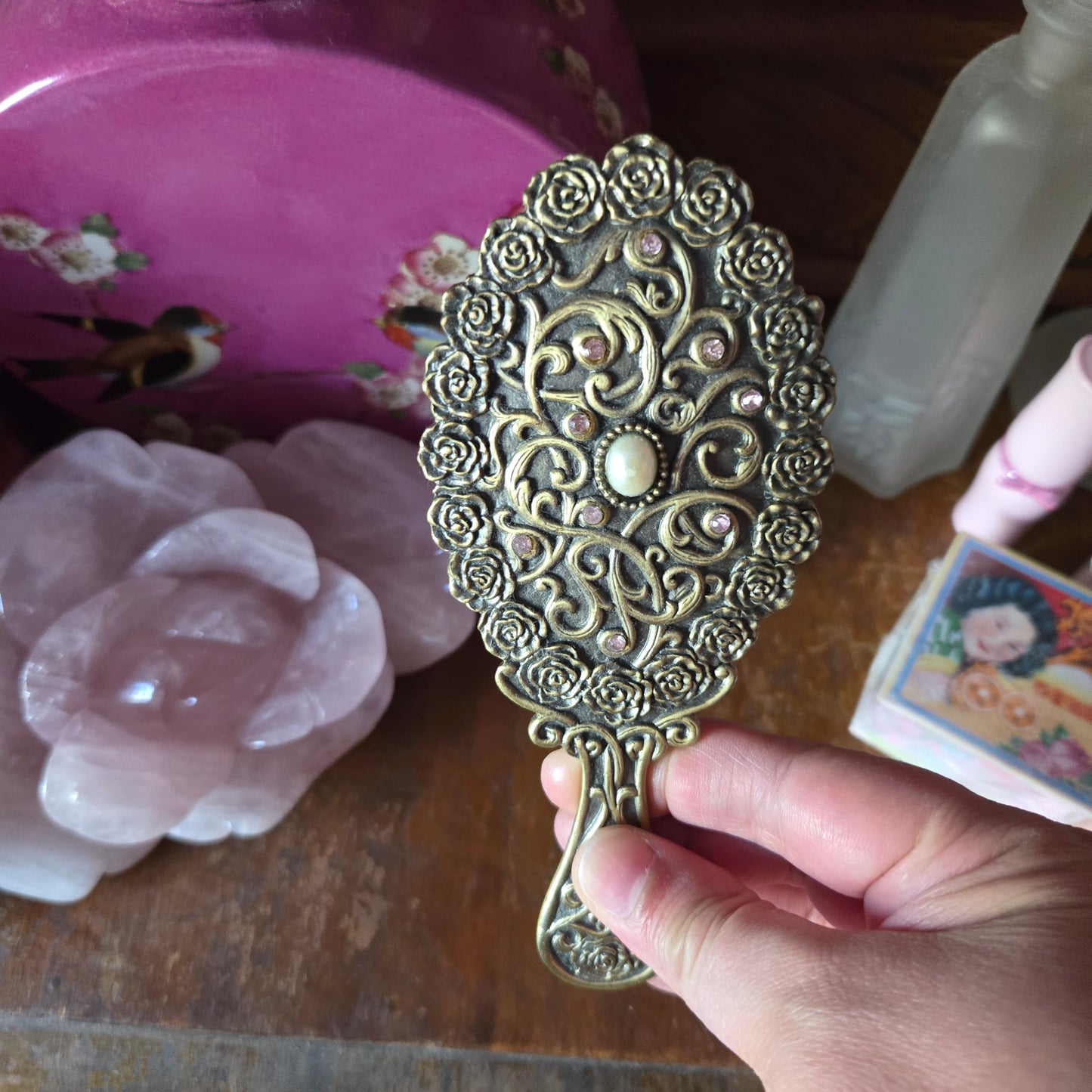 Whimsical Wonders | Vintage Art Nouveau-Style Brass Hand Mirror
