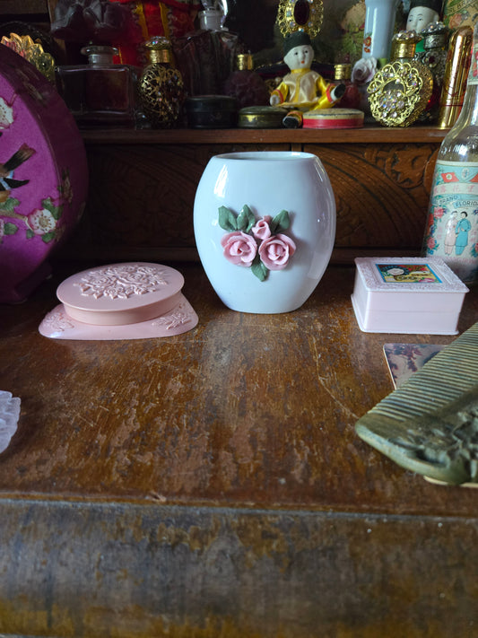 Whimsical Wonders | 🌸 Vintage Pink Rose Porcelain Make-up Brush Holder Cottagecore