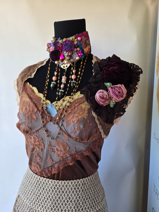 Ethereal Romance | Brown | Shrug | 🤎 Handmade Chocolate Rose Sheer Bolero Shrug Embroidered Flowers Fairycore - Small