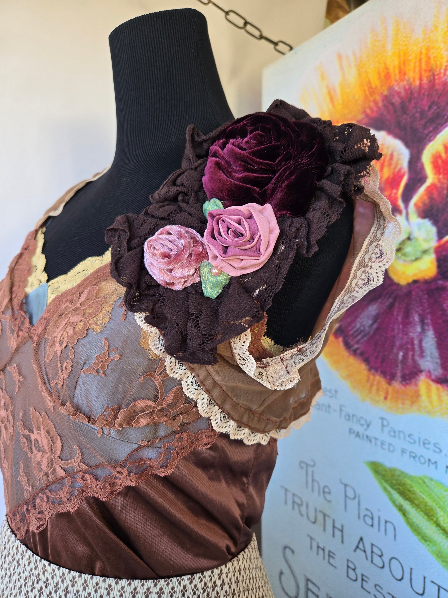 Ethereal Romance | Brown | Shrug | 🤎 Handmade Chocolate Rose Sheer Bolero Shrug Embroidered Flowers Fairycore - Small