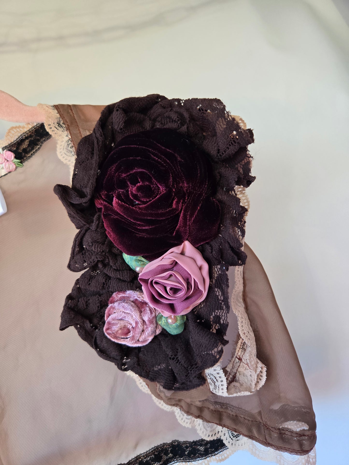 Ethereal Romance | Brown | Shrug | 🤎 Handmade Chocolate Rose Sheer Bolero Shrug Embroidered Flowers Fairycore - Small