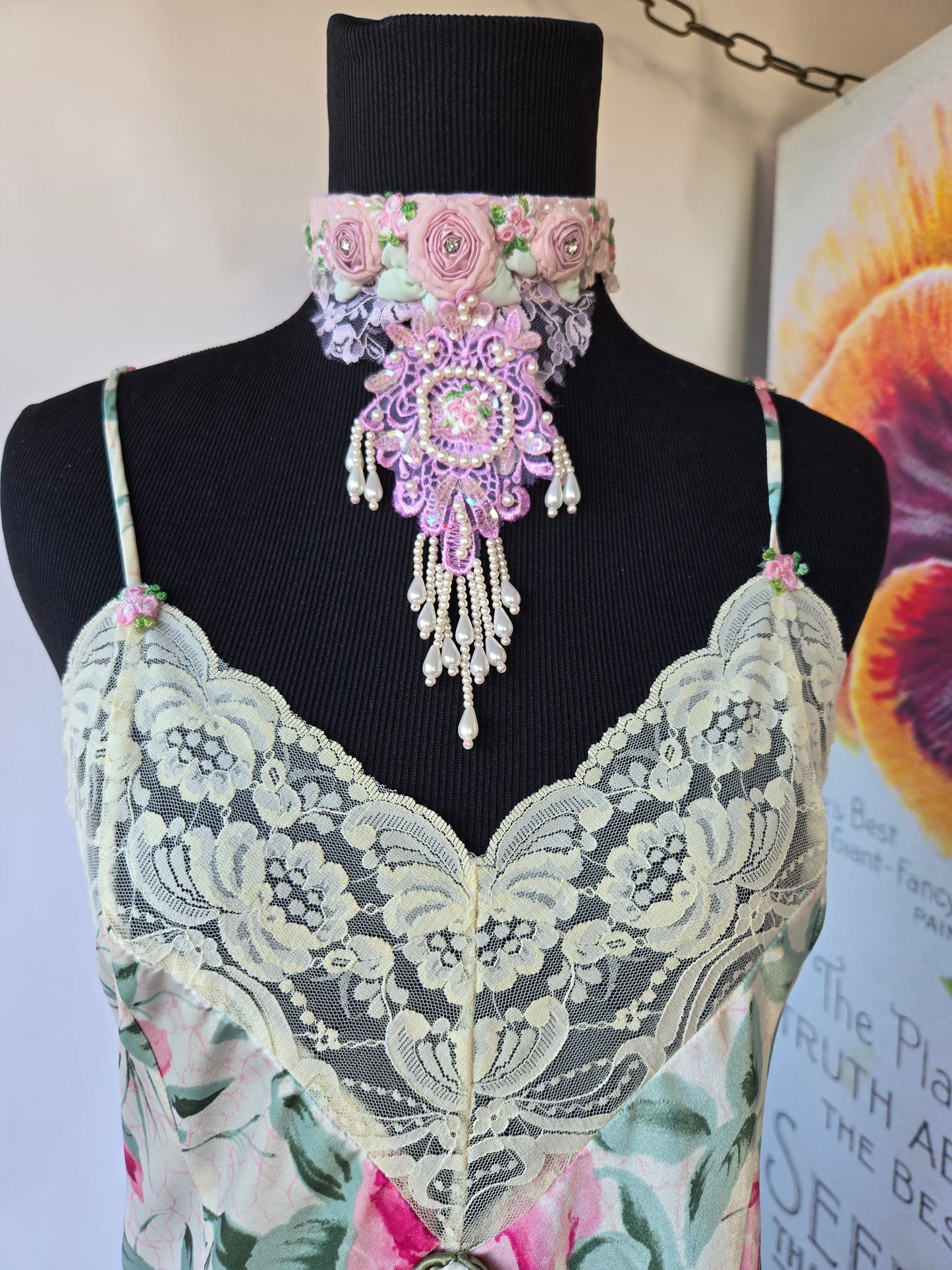 Ethereal Romance | Pink | Choker | Handmade Lace Choker Pink Roses &amp; Pearls Ornate Balletcore Fairy 🌸