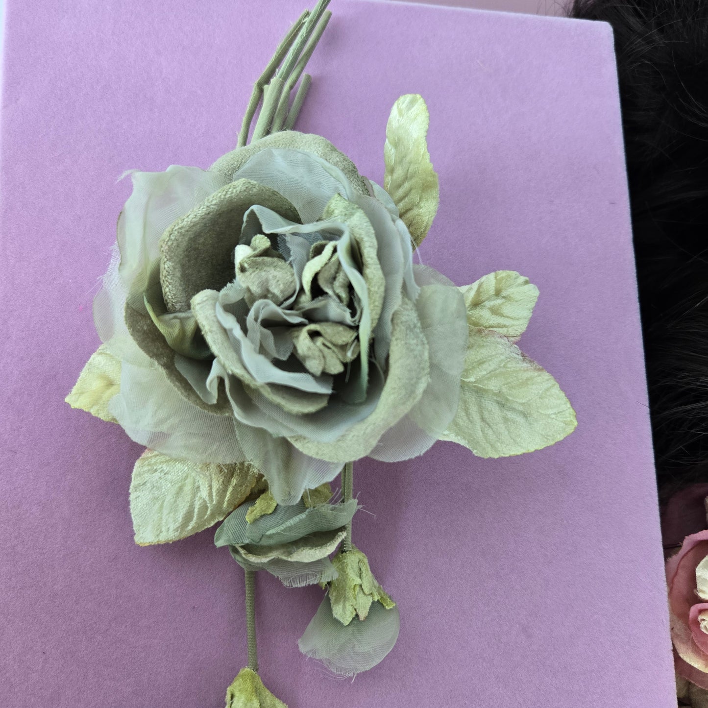 Ethereal Romance | Green | Hair Clip | Sage Green Millinery Velvet Rose Posey Barrette