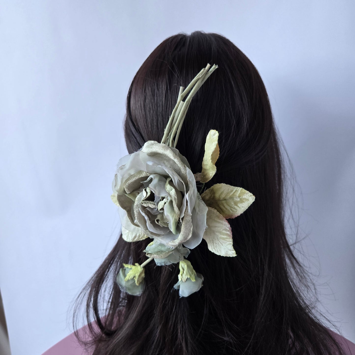 Ethereal Romance | Green | Hair Clip | Sage Green Millinery Velvet Rose Posey Barrette