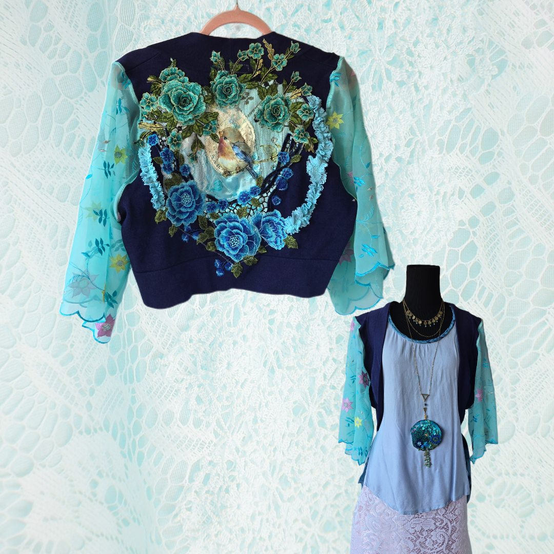 Ethereal Romance | Blue | Jacket | Large | Blue Bird Art to Wear Bolero Jacket Fairycore