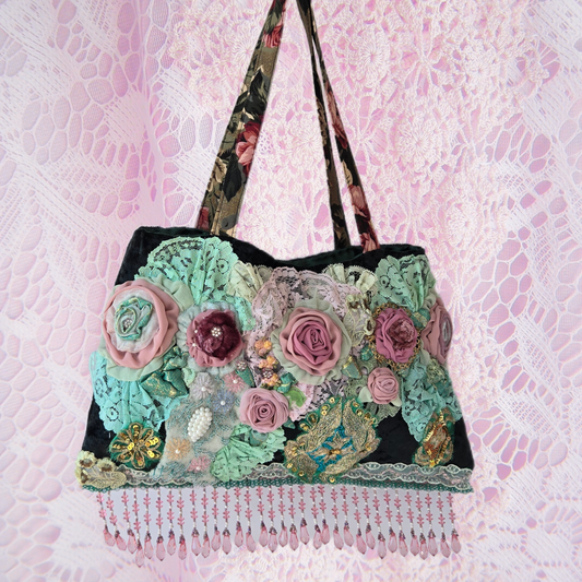 Ethereal Romance | Green | Bag | Ornate Rose, Velvet and Lace 1920s-Style Purse