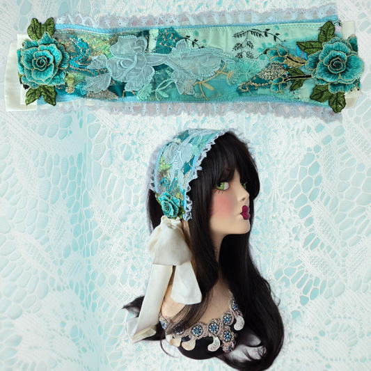 Ethereal Romance | Blue | Headband | Handmade Lace and Aqua Blue & Mint Green