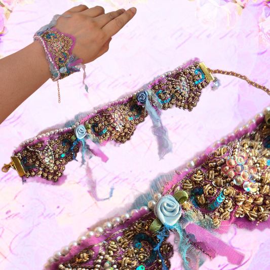 Ethereal Romance | Lavender | Bracelet | Raw Edge Silken Shimmering Embroidered Rose Bracelet