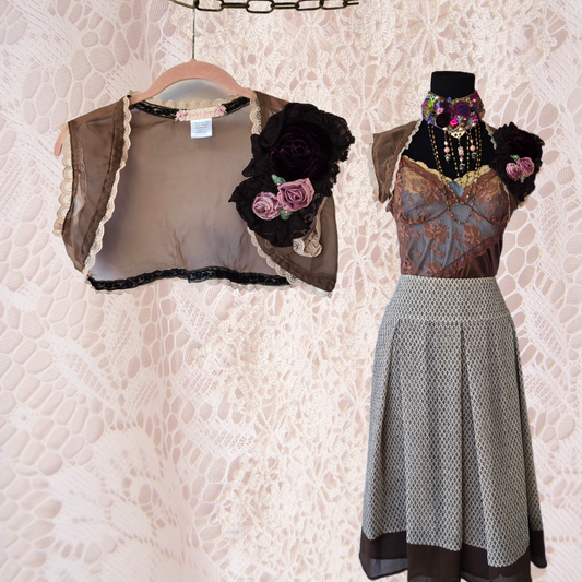 Ethereal Romance | Brown | Shrug | 🤎 Handmade Chocolate Rose Sheer Bolero Shrug Embroidered Flowers Fairycore - Small