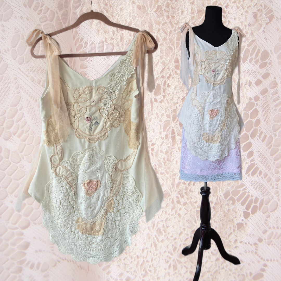 Ethereal Romance | Cream | Blouse | Vintage Lace, Crochet and Embroidered Rose - Small - Medium