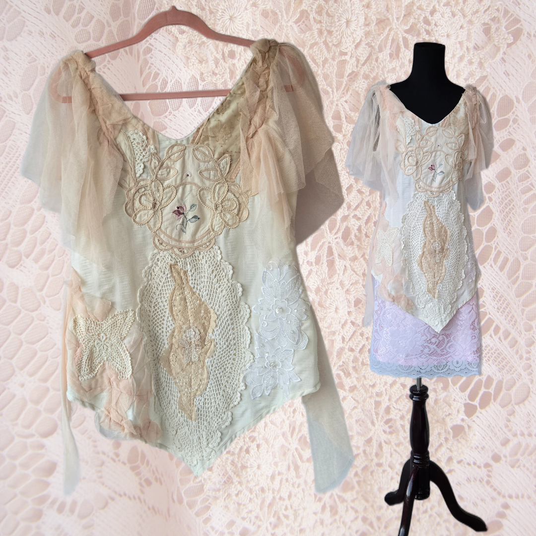 Ethereal Romance | Cream | Blouse | Vintage Lace, Crochet and Embroidered Rose - Small - Medium