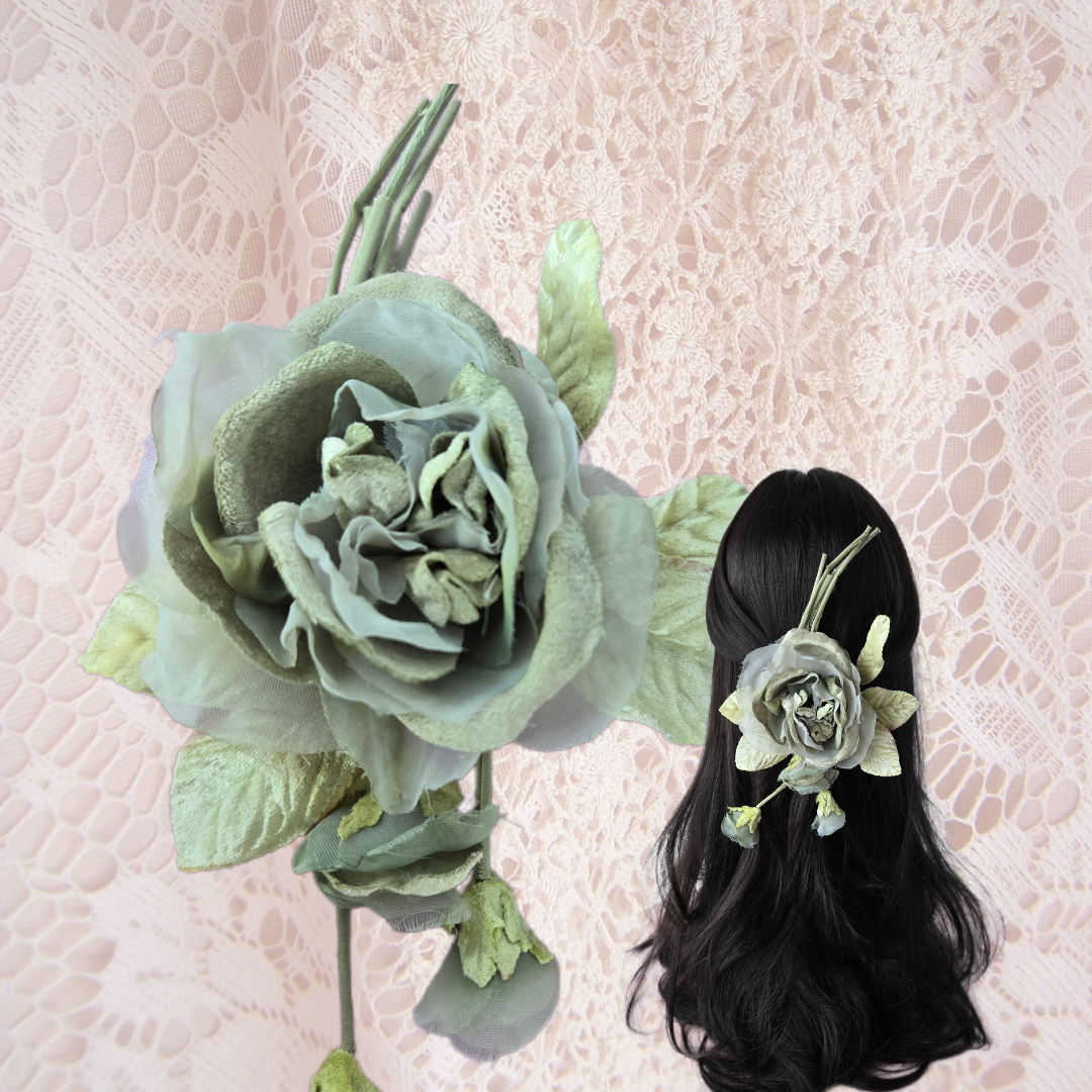 Ethereal Romance | Green | Hair Clip | Sage Green Millinery Velvet Rose Posey Barrette
