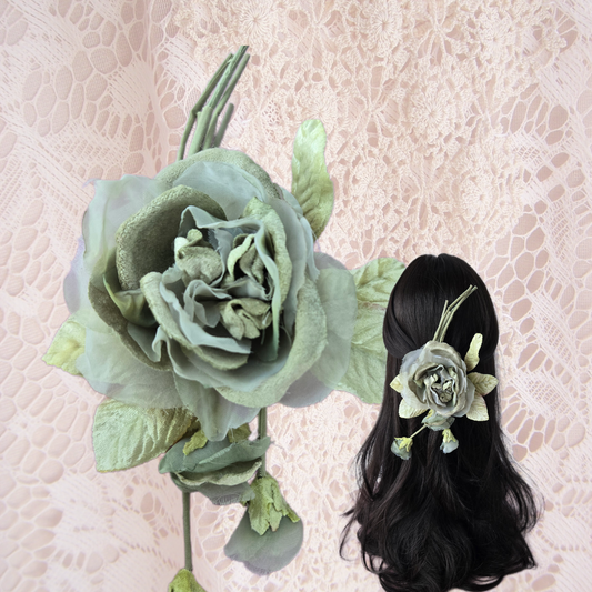 Ethereal Romance | Green | Hair Clip | Sage Green Millinery Velvet Rose Posey Barrette