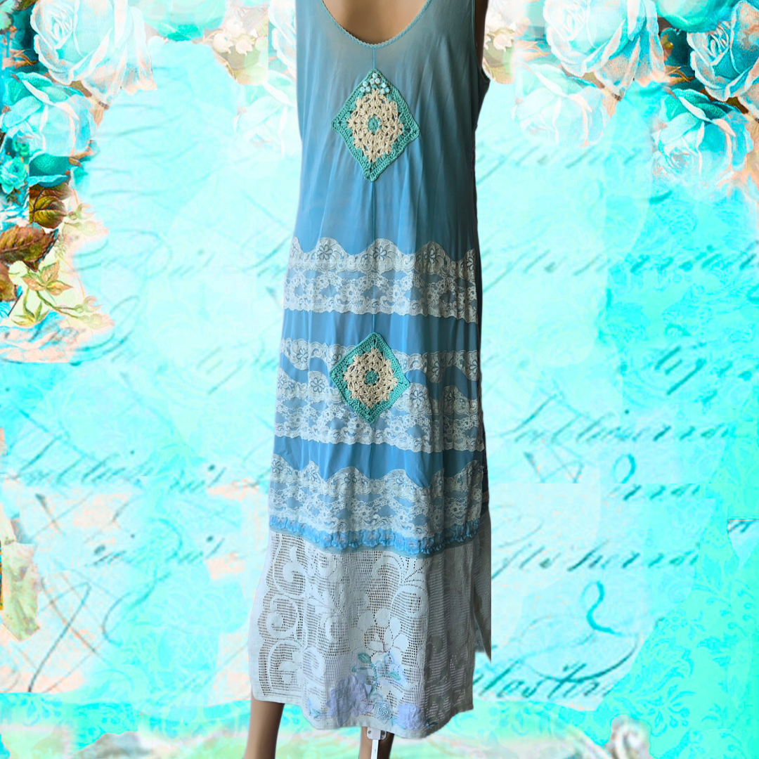 Ethereal Romance | Blue | Dress| Ocean Melody Embroideries, Lace, Crochet and Roses | Size Large