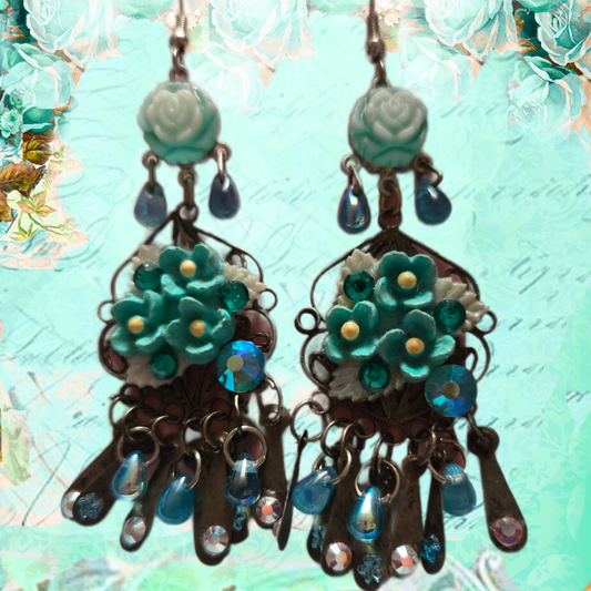 Ethereal Romance | Blue | Earrings | Roses Amidst Hydrangea Blooms