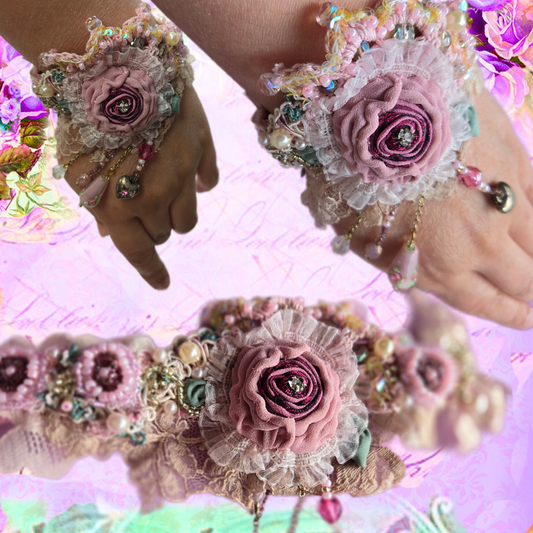 Ethereal Romance |Pink | Bracelet| Antique Lace, Beaded Roses, Hand Embroidery 1920s Style