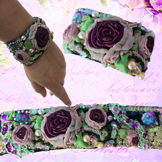 Ethereal Romance | Green | Bracelet | 1920s Style Rose Embroidered Jewel Cuff