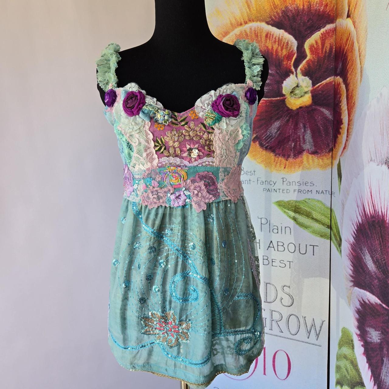 Ethereal Romance | Blue | Blouse | Garden Dream Aqua, Lavender and Purple Top | Size Medium