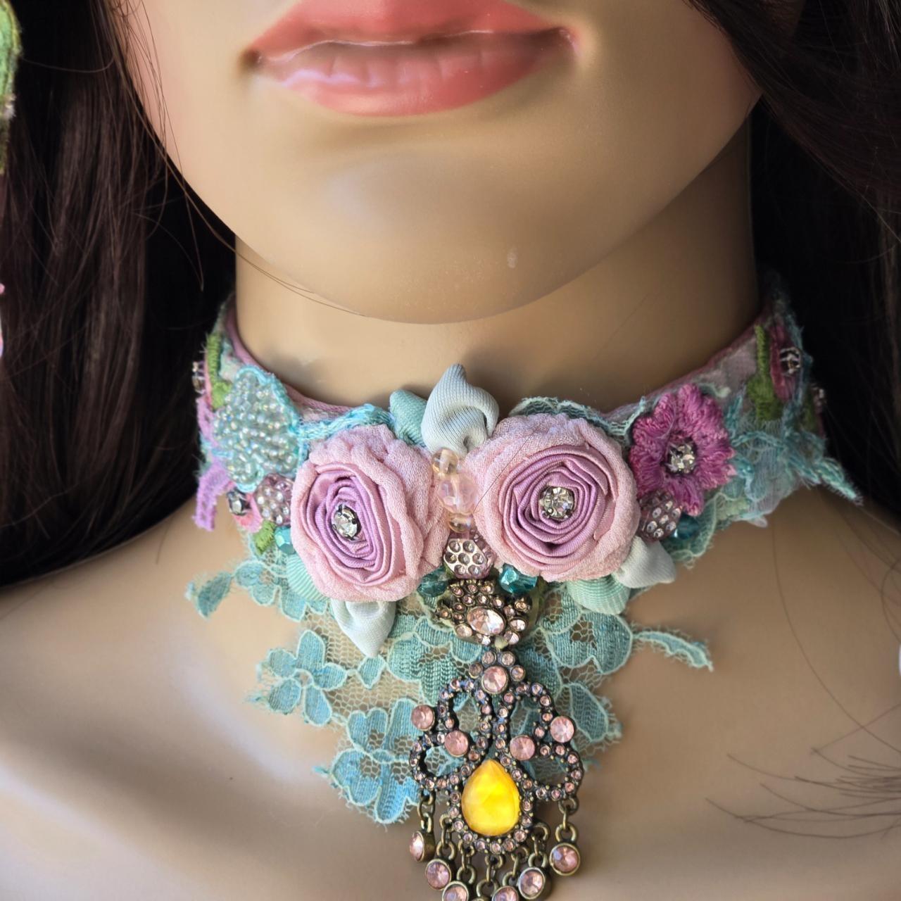 Ethereal Romance | Blue | Choker | 1920s- style Pink Lingerie Rosettes Bejewelled