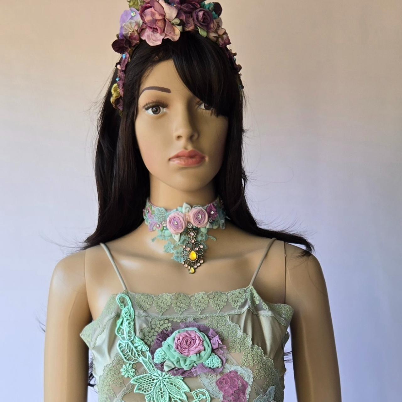 Ethereal Romance | Blue | Choker | 1920s- style Pink Lingerie Rosettes Bejewelled