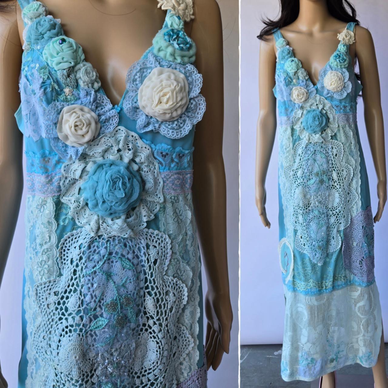 Ethereal Romance | Blue | Dress| Ocean Melody Embroideries, Lace, Crochet and Roses | Size Large