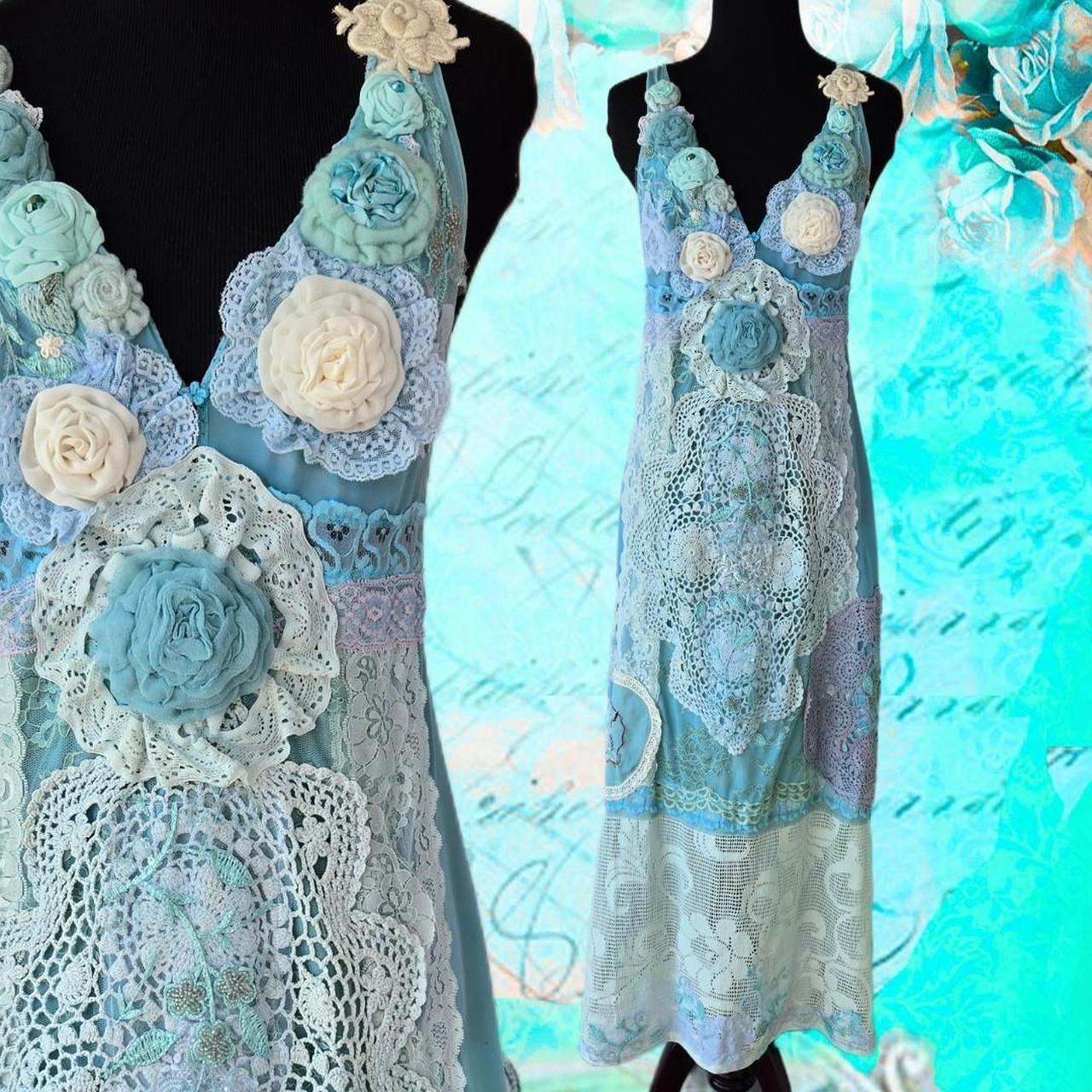 Ethereal Romance | Blue | Dress| Ocean Melody Embroideries, Lace, Crochet and Roses | Size Large