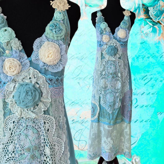 Ethereal Romance | Blue | Dress| Ocean Melody Embroideries, Lace, Crochet and Roses | Size Large