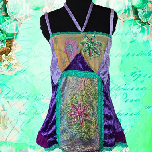 Vintage Glamour | Purple | Blouse | Twinkling Flowers Velvet Patchwork & Vintage Embroidery | Size Small