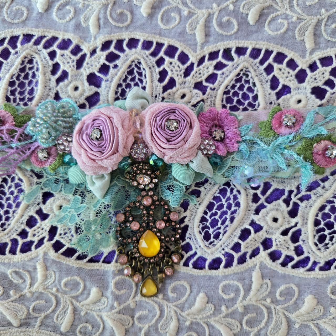 Ethereal Romance | Blue | Choker | 1920s- style Pink Lingerie Rosettes Bejewelled