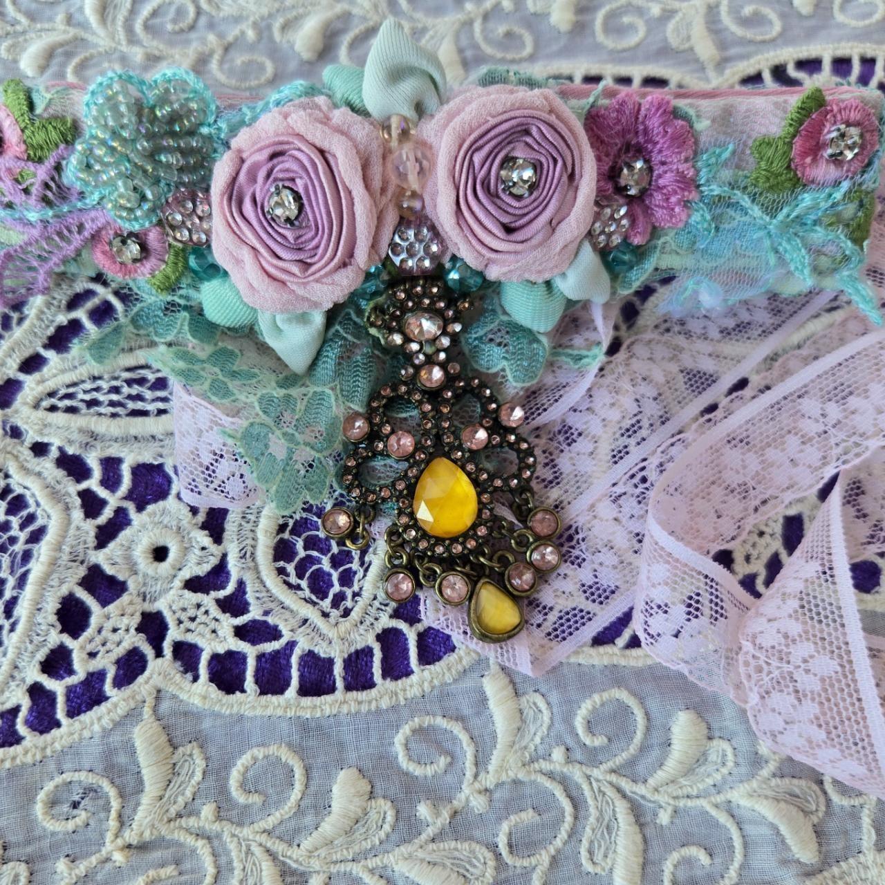 Ethereal Romance | Blue | Choker | 1920s- style Pink Lingerie Rosettes Bejewelled