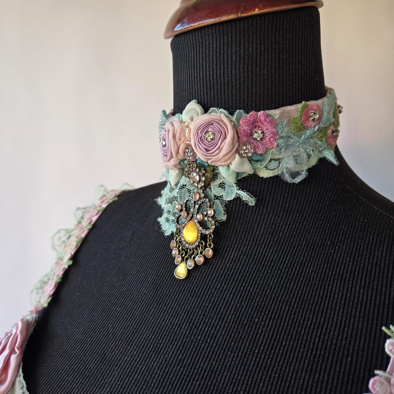 Ethereal Romance | Blue | Choker | 1920s- style Pink Lingerie Rosettes Bejewelled