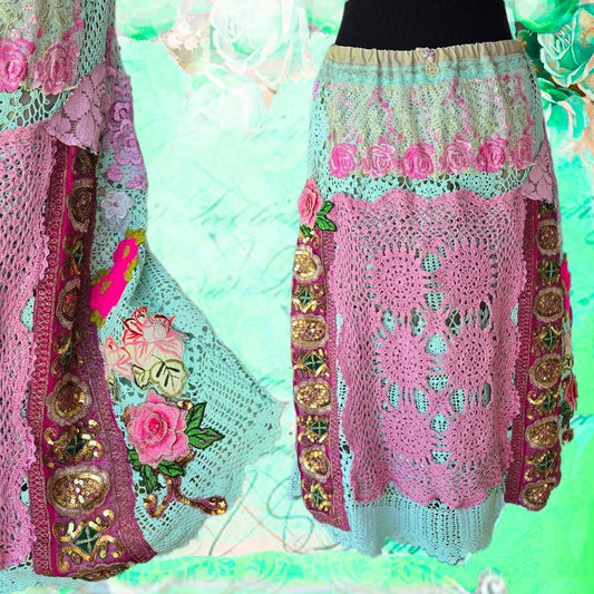 Ethereal Romance | Green | Skirt | Rambling Rose Mint Green Crochet & Raspberry Pink Vintage Embroidery | Size Medium
