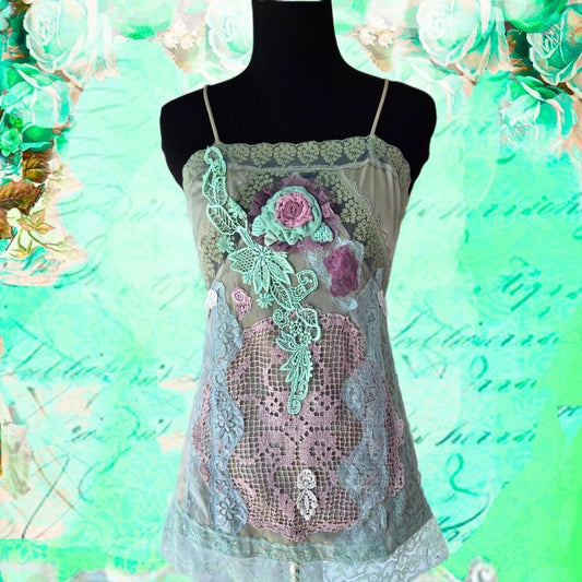 Ethereal Romance | Green & Pink | Blouse | Vintage Lace and Roses | Size X-Small