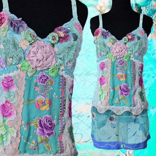 Ethereal Romance | Blue | Blouse | Love Story - Vintage Lace Tunic Style Pinks Lilacs Lavenders and Aqua | Size Medium