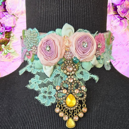 Ethereal Romance | Blue | Choker | 1920s- style Pink Lingerie Rosettes Bejewelled