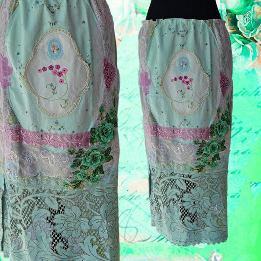 Ethereal Romance | Green | Skirt | Lace Poems Sage Green Vintage Embroidery | Size Medium - Large