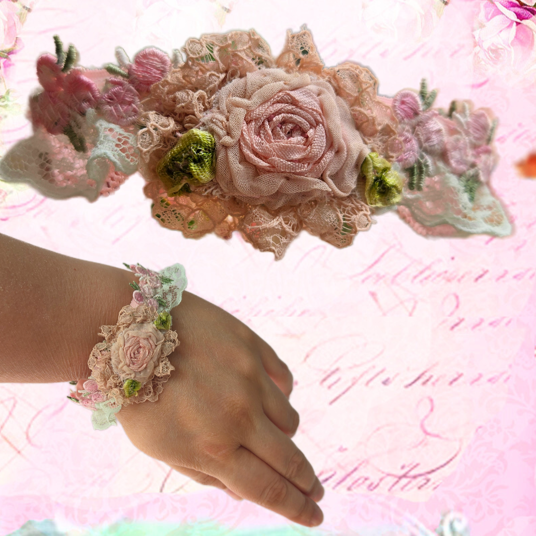 Ethereal Romance | Pink | Bracelet | Embroidered Rosette & Lace