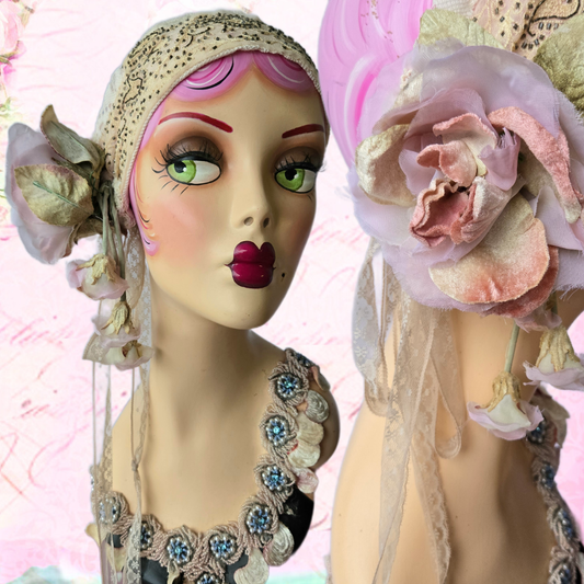Ethereal Romance | Champagne | Hair Scarf | Champagne & Peach Vintage Beaded Scarf & Millinery Rose