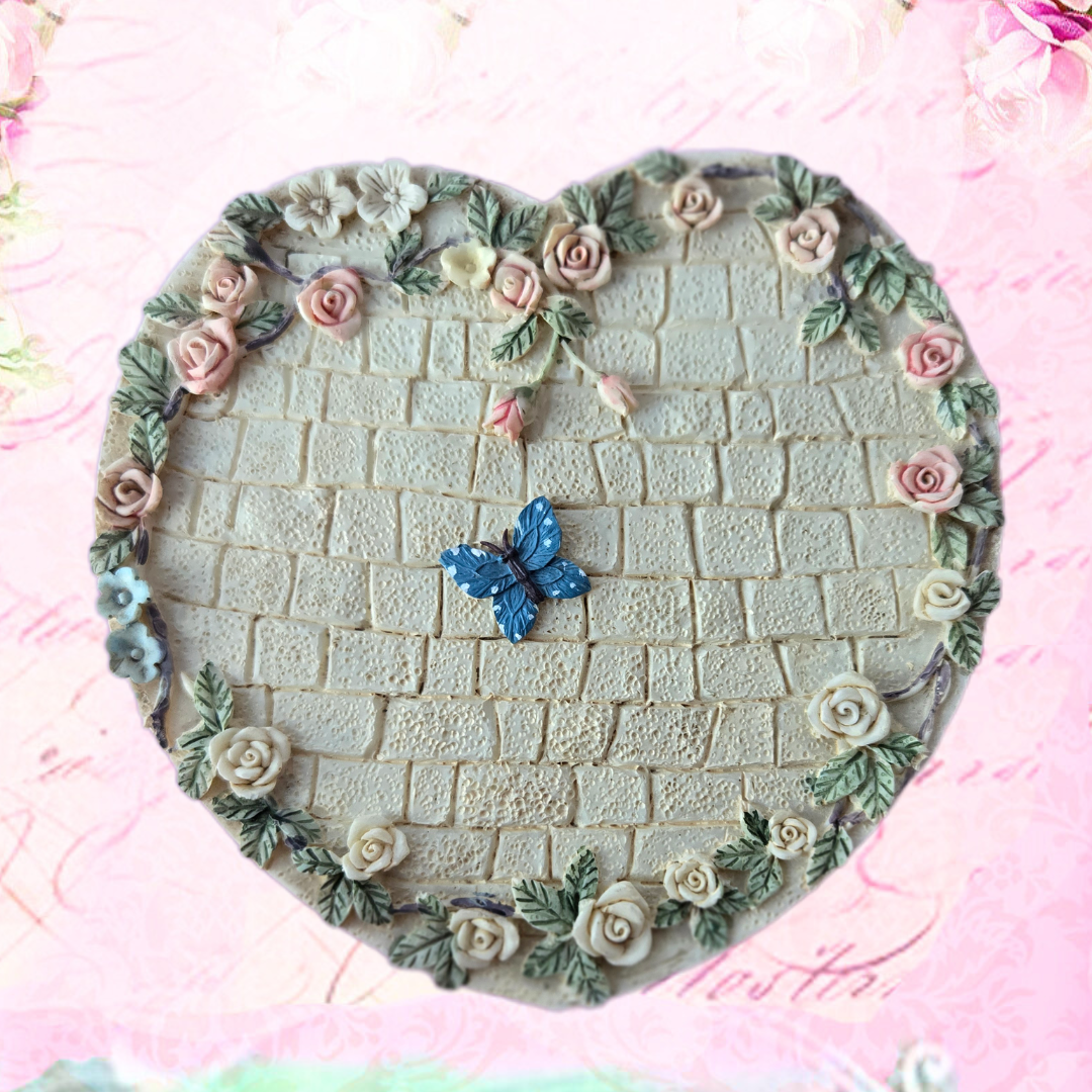Whimsical Wonders | Ivory | Vintage | Heart Shape Roses and Butterfly Jewelry Tray