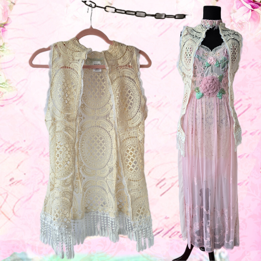 Ethereal Romance | Cream | Vest | Intricate Lace and Fringe Victorian-Style - X-Small / Small