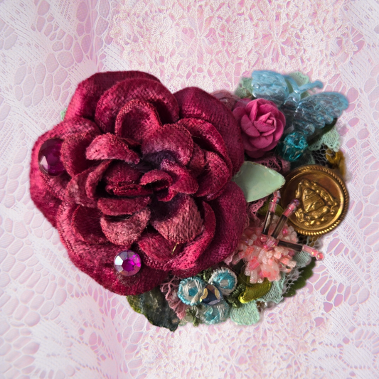 Vintage Glamour | Raspberry | Brooch | Raspberry Velvet Rose Heart Shape Brooch