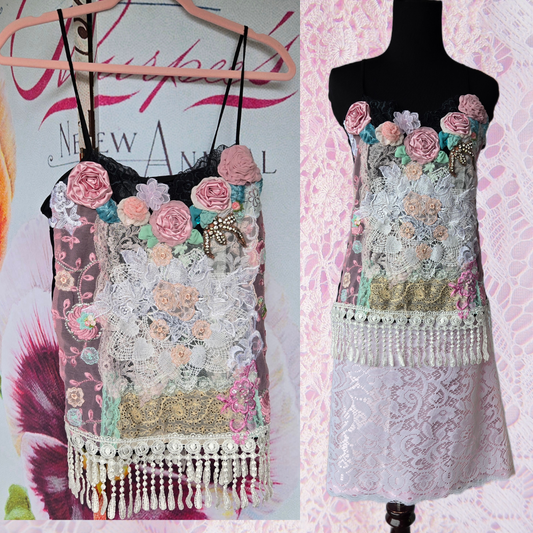 Ethereal Romance | Black | Top | Ornate Lace and Pink Rose Cami Top - Size Med