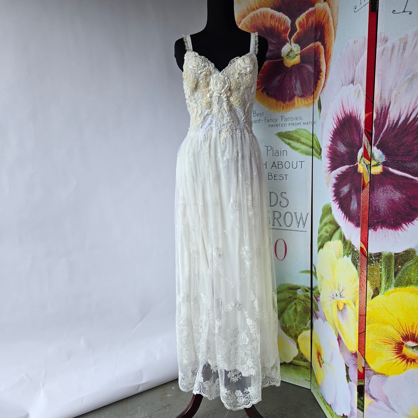 Ethereal Romance | White & Cream | Dress | Vintage Lace Embroidered Rose & Lace-up | Wedding & Bridal |Size Medium - Large