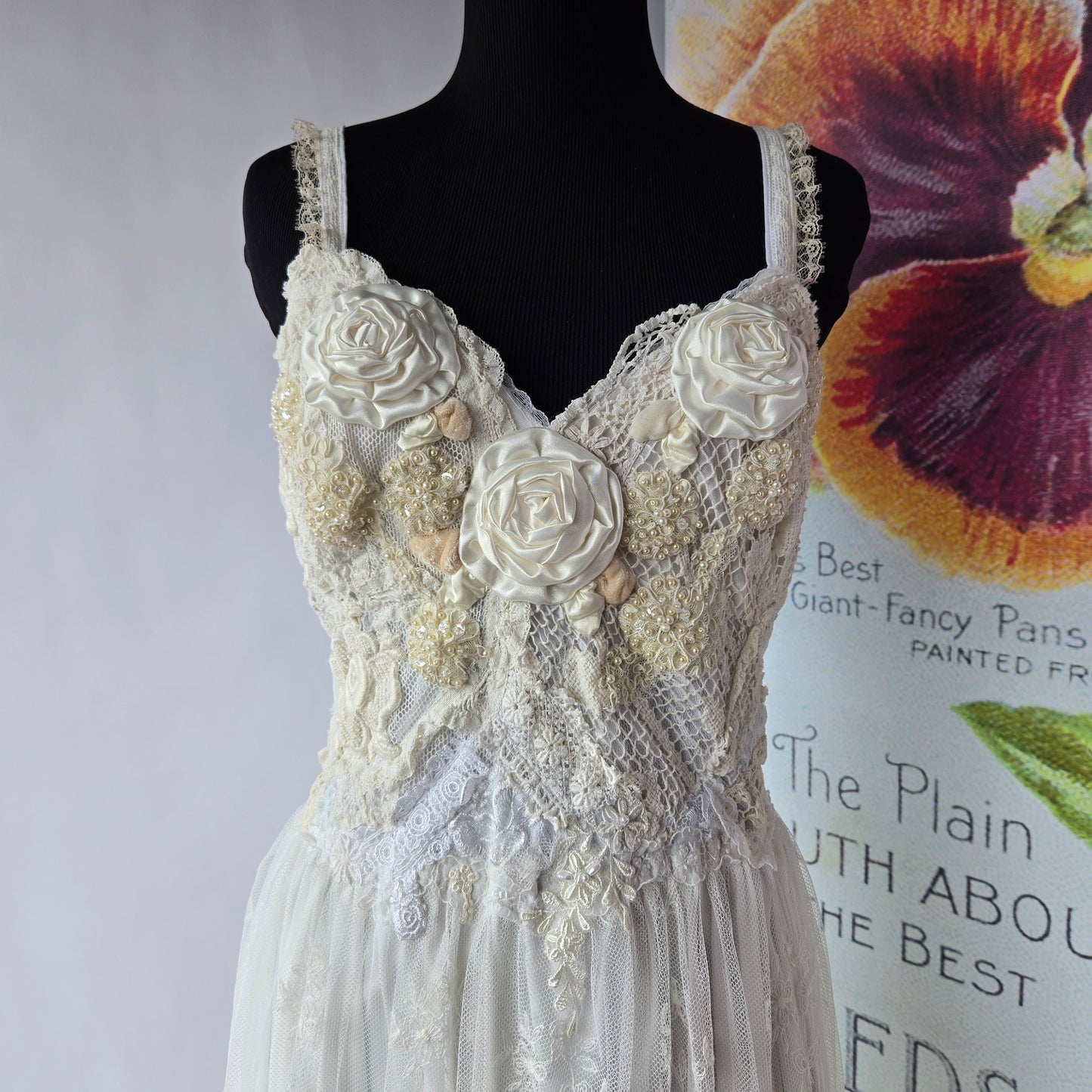 Ethereal Romance | White & Cream | Dress | Vintage Lace Embroidered Rose & Lace-up | Wedding & Bridal |Size Medium - Large